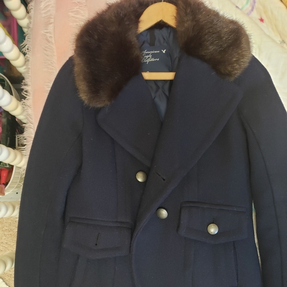 American Eagle Wool Pea Coat with Faux Fur Trim Sz S